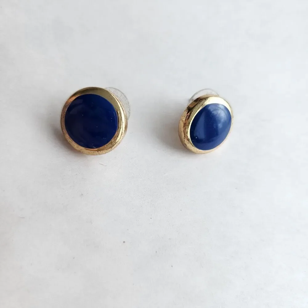 Dillards Vintage Gold Round Button Blue Inlay Post Back Earrings 925 Stamped‎
